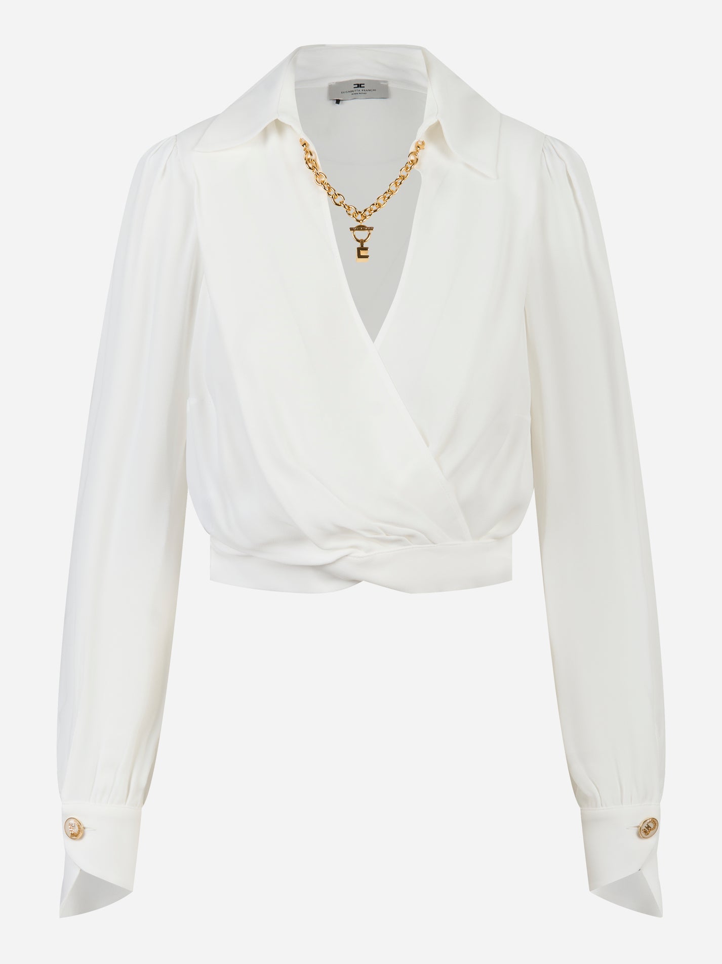 Camicia corta in georgette avorio Elisabetta Franchi con catena gioiello e maniche lunghe