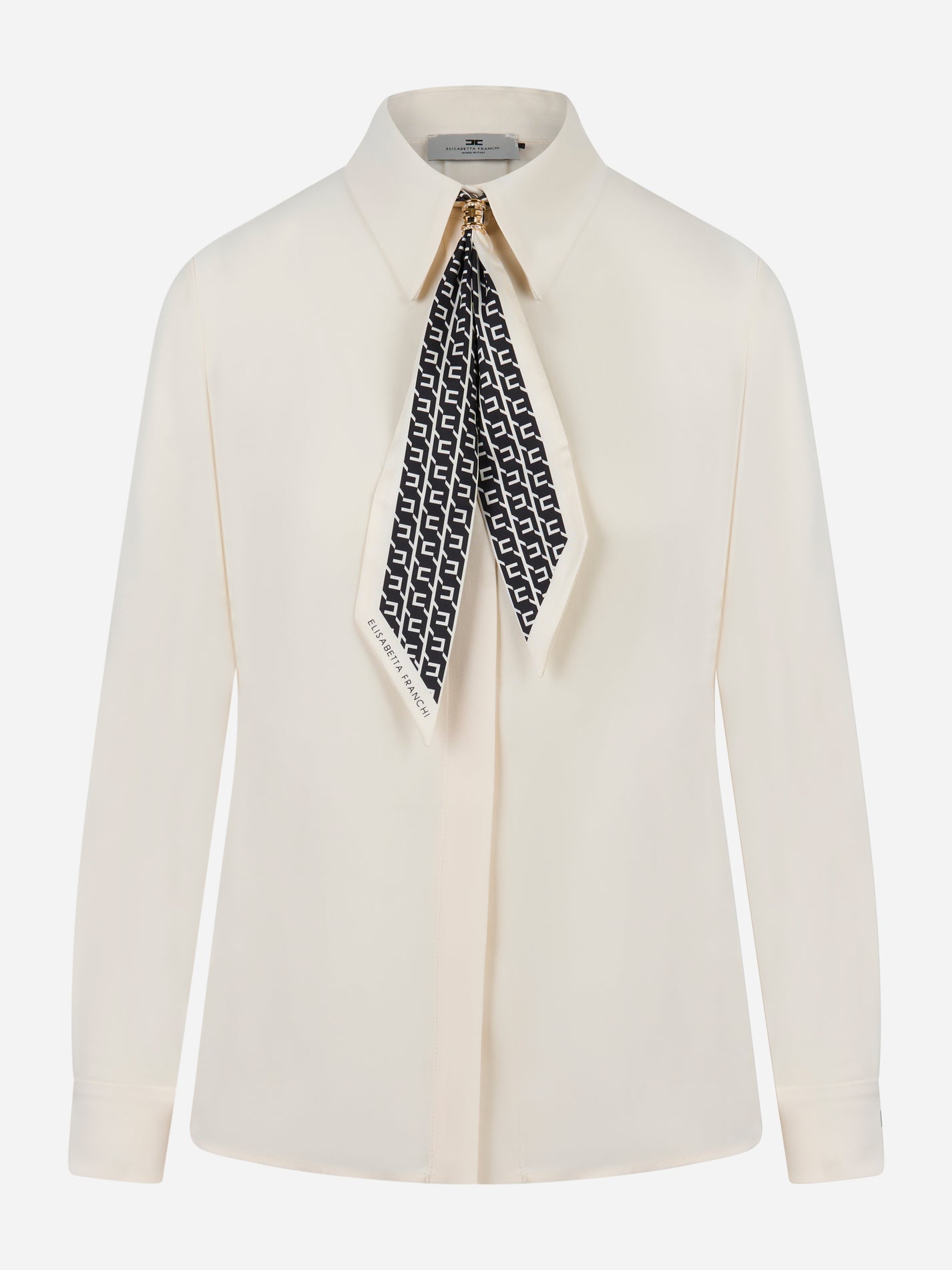 Camicia avorio in georgette di viscosa con foulard logato e dettaglio gioiello dorato – Elisabetta Franchi