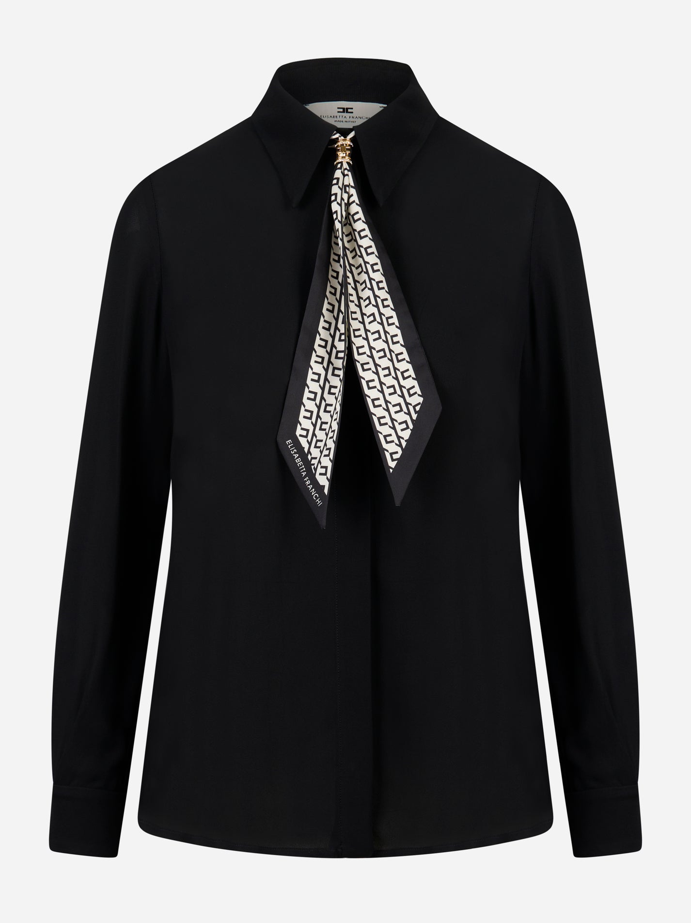 elisabetta-franchi-camicia georgette nera con foulard stampato vista frontale