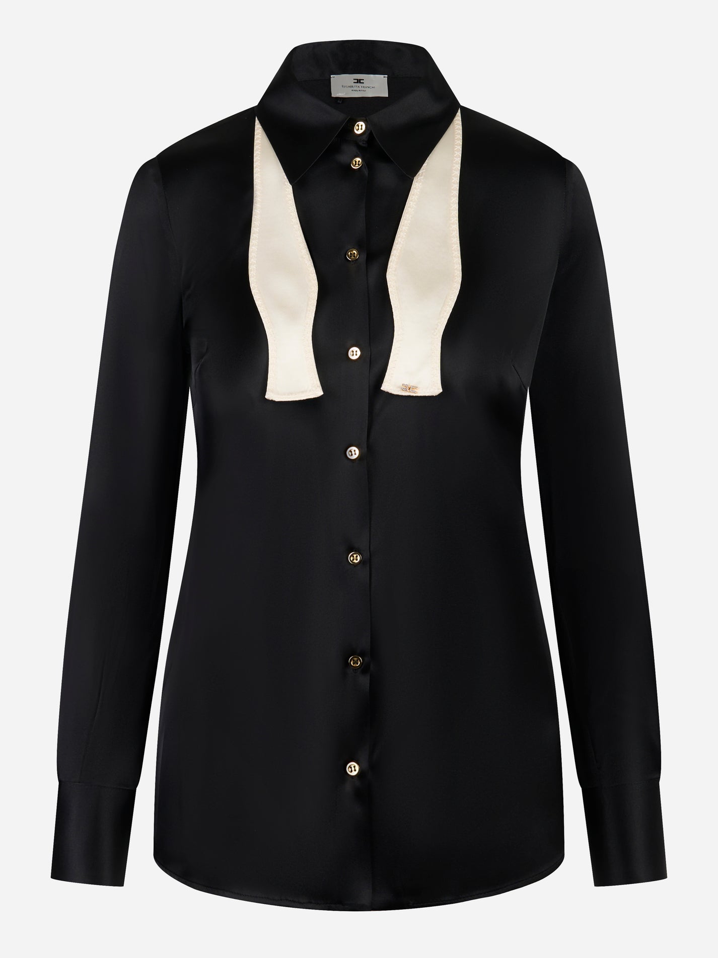 Camicia Elisabetta Franchi in raso di seta nera con papillon bianco vista frontale