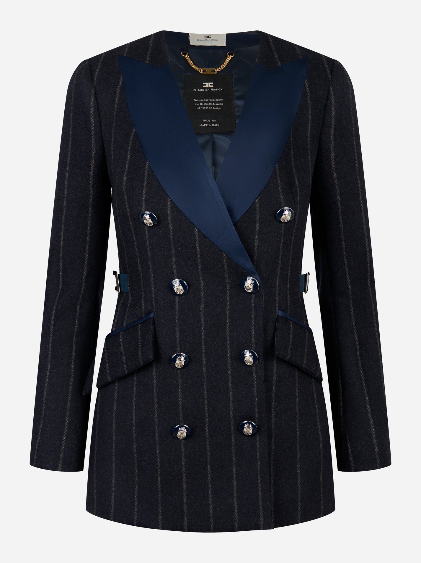 Cappotto doppiopetto ELISABETTA FRANCHI in panno di lana gessato blu notte - vista frontale