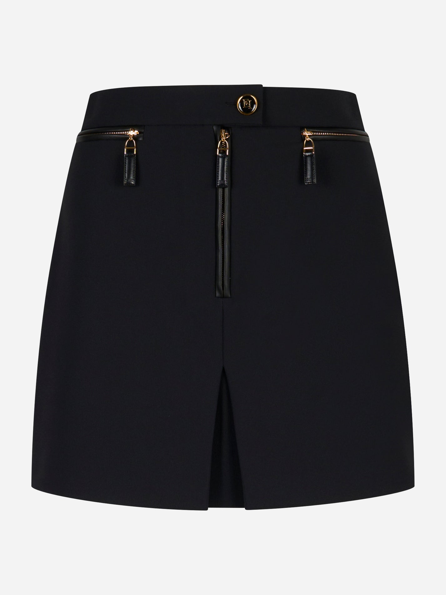 Minigonna nera in doppio crêpe con zip decorative e spacco frontale – Elisabetta Franchi