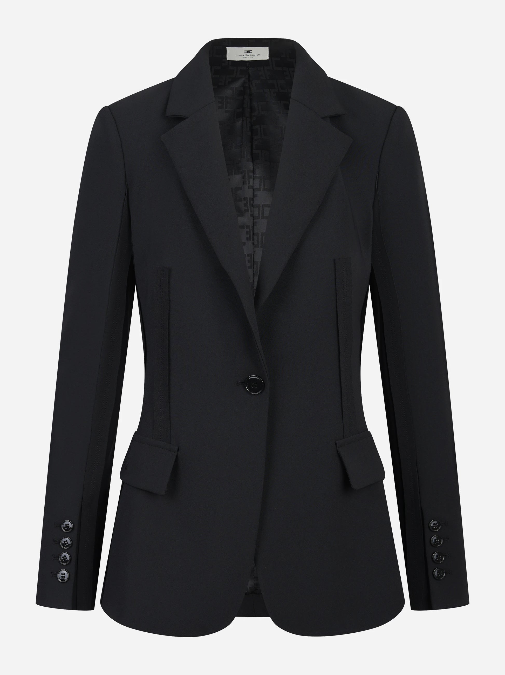 Blazer nero in doppio crepe stretch con motivi a taglio vivo