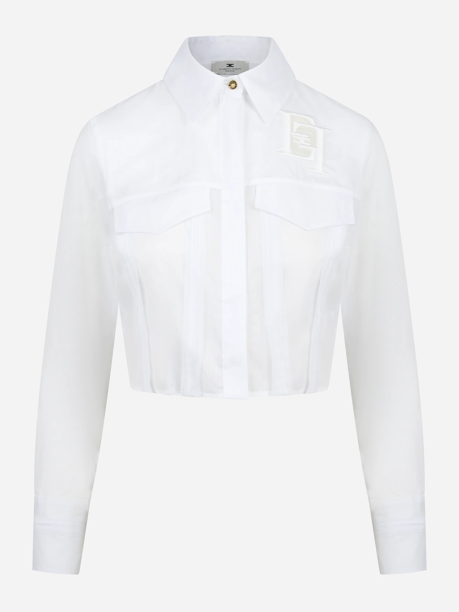 Camicia in cotone bianco con patte e ricami