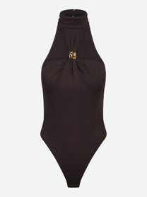Body in jersey marrone crepe con dettaglio gioiello