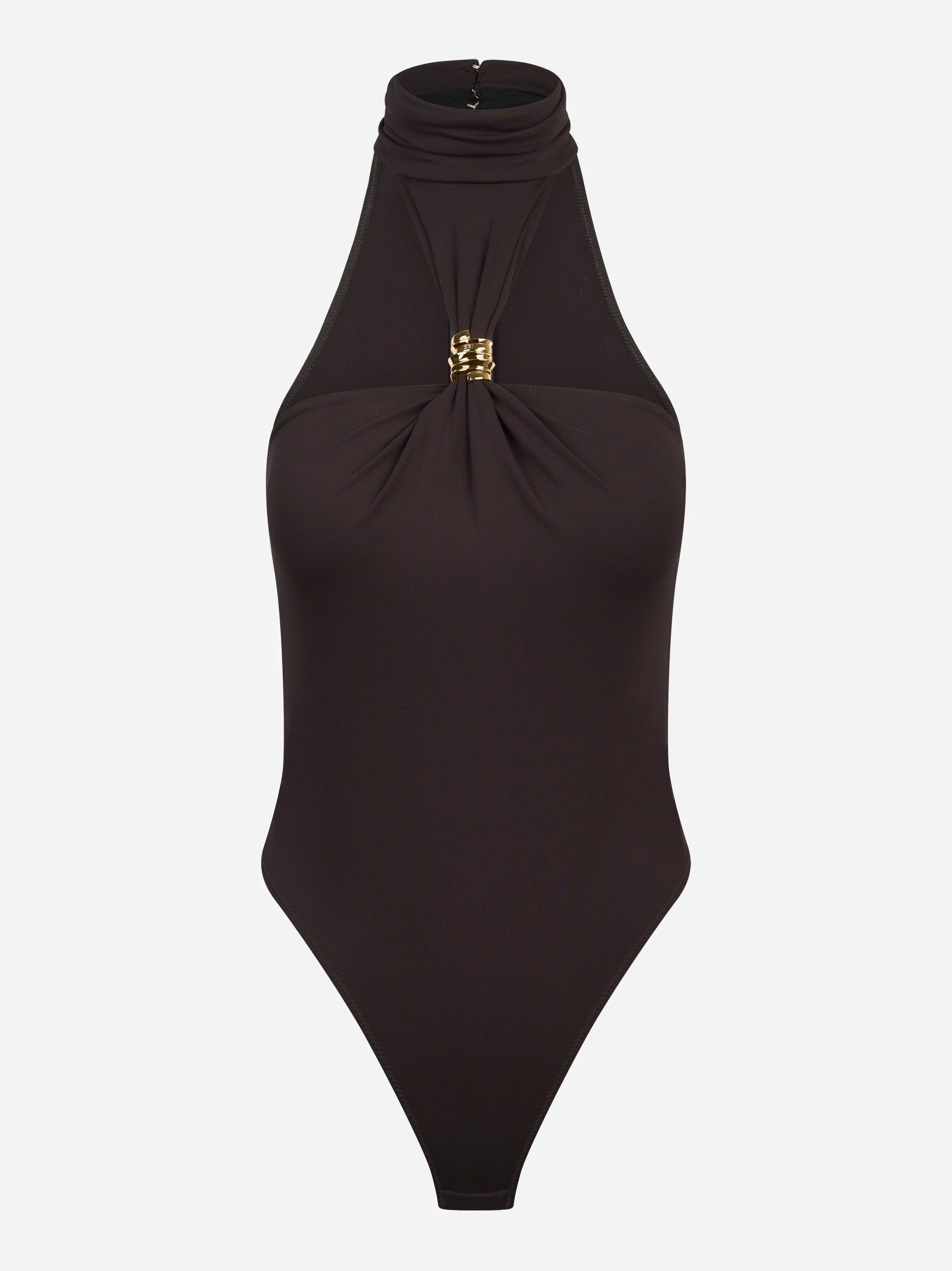 Body in jersey marrone crepe con dettaglio gioiello
