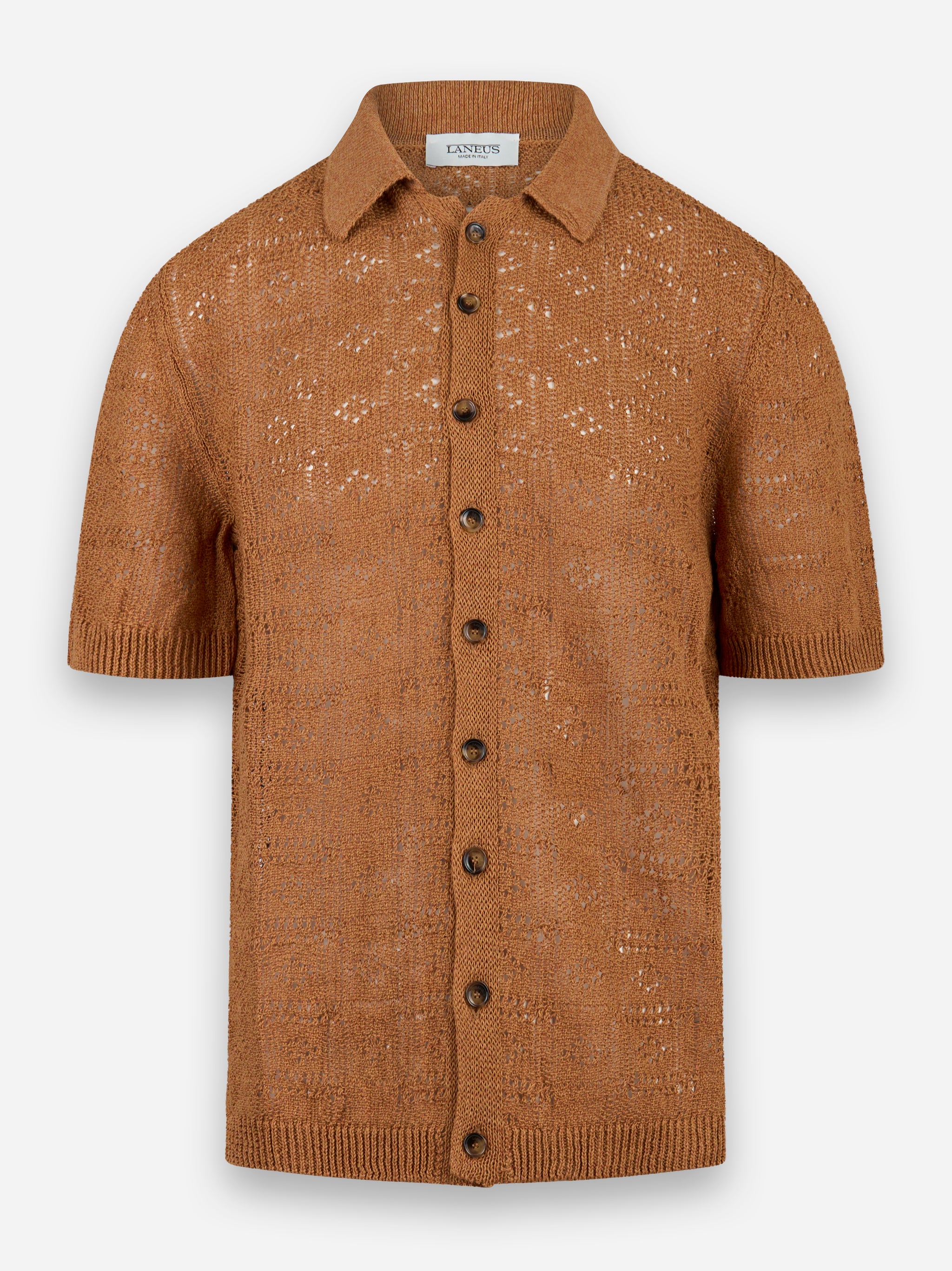 Polo camicia manica corta in cotone e lino Marrone