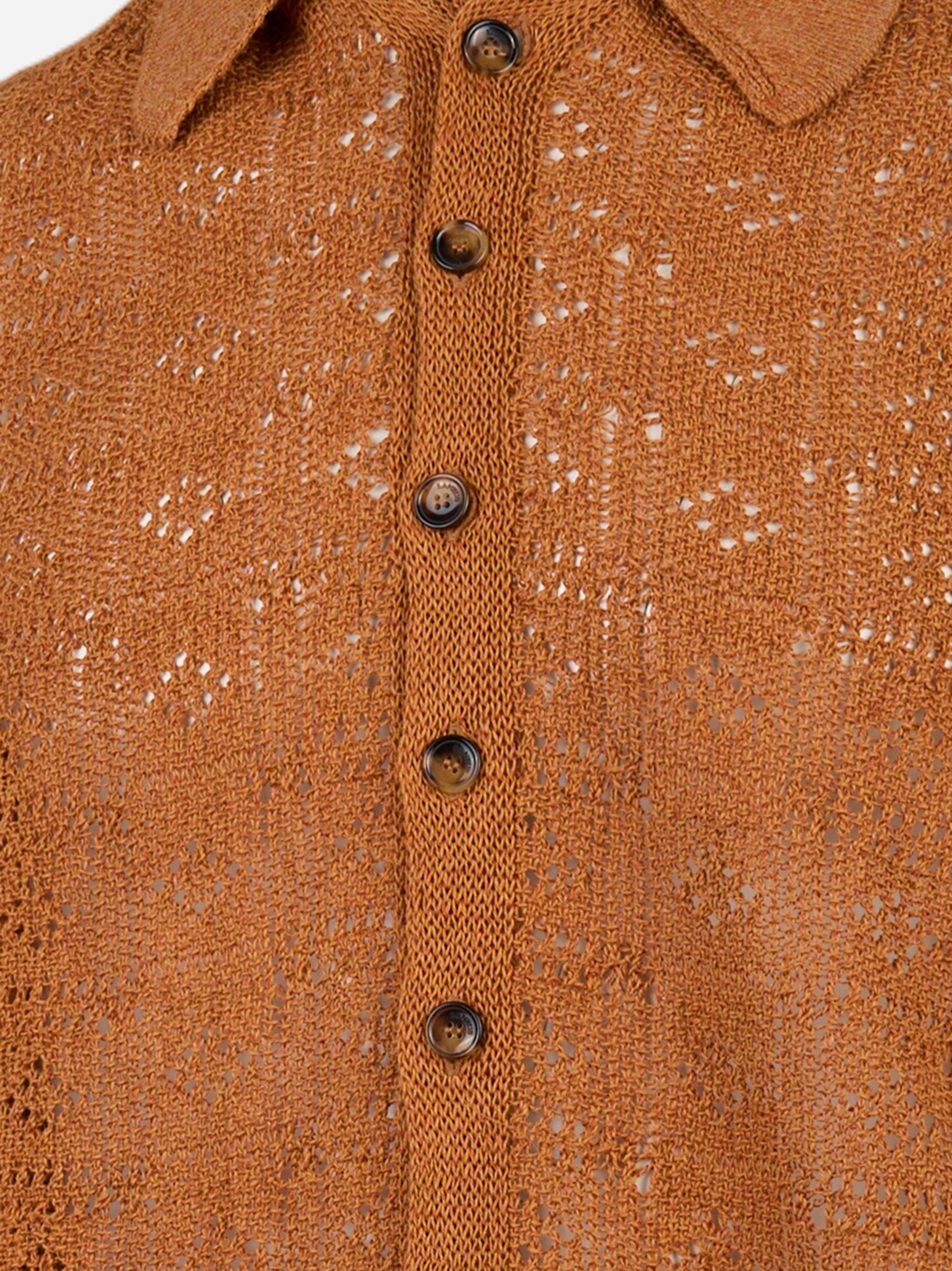 Polo camicia manica corta in cotone e lino Marrone