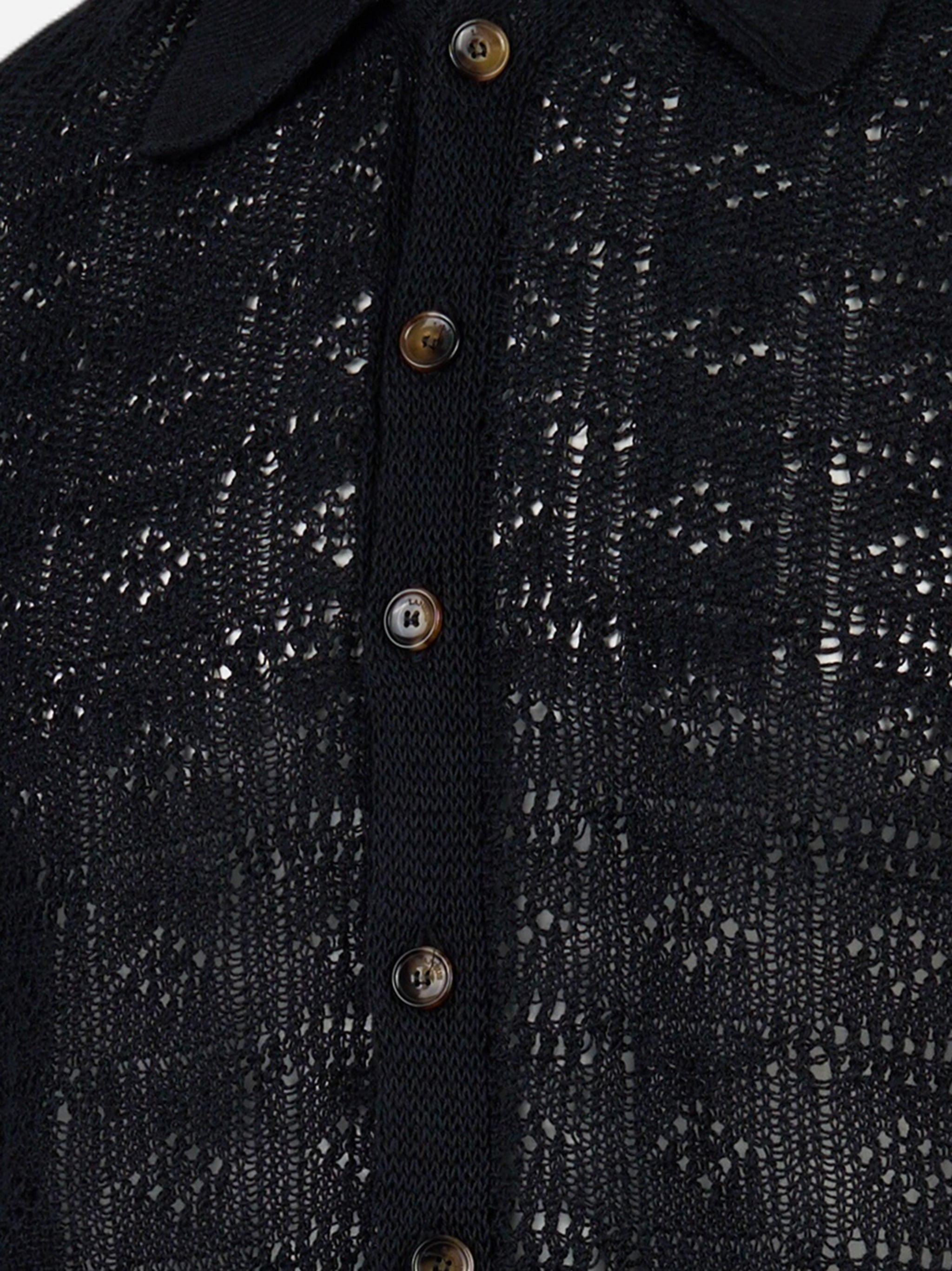 Polo camicia manica corta in cotone e lino Nero