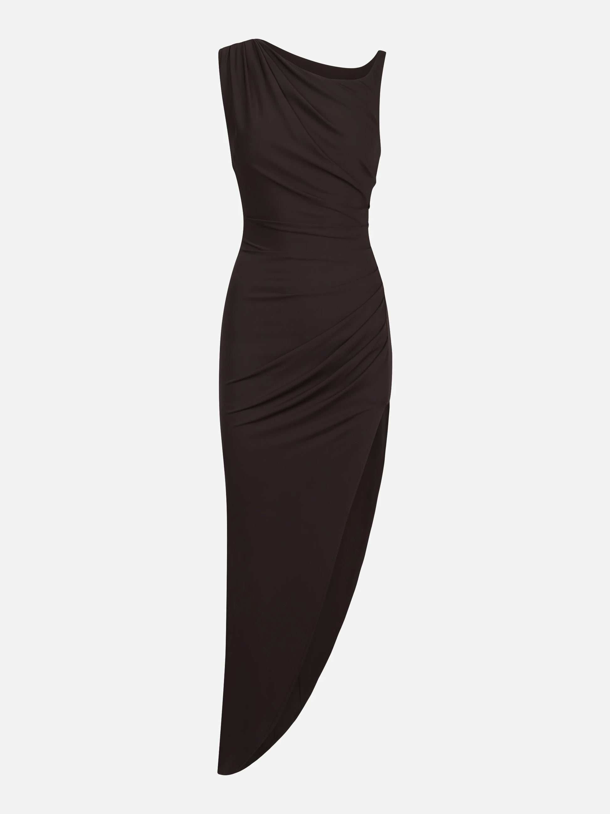 Abito in jersey marrone crepe con spallina gioiello