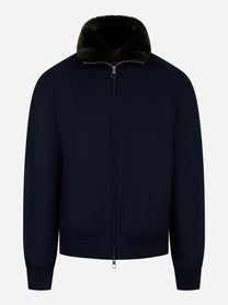 Bomber in lana con collo staccabile in pelliccia Blu