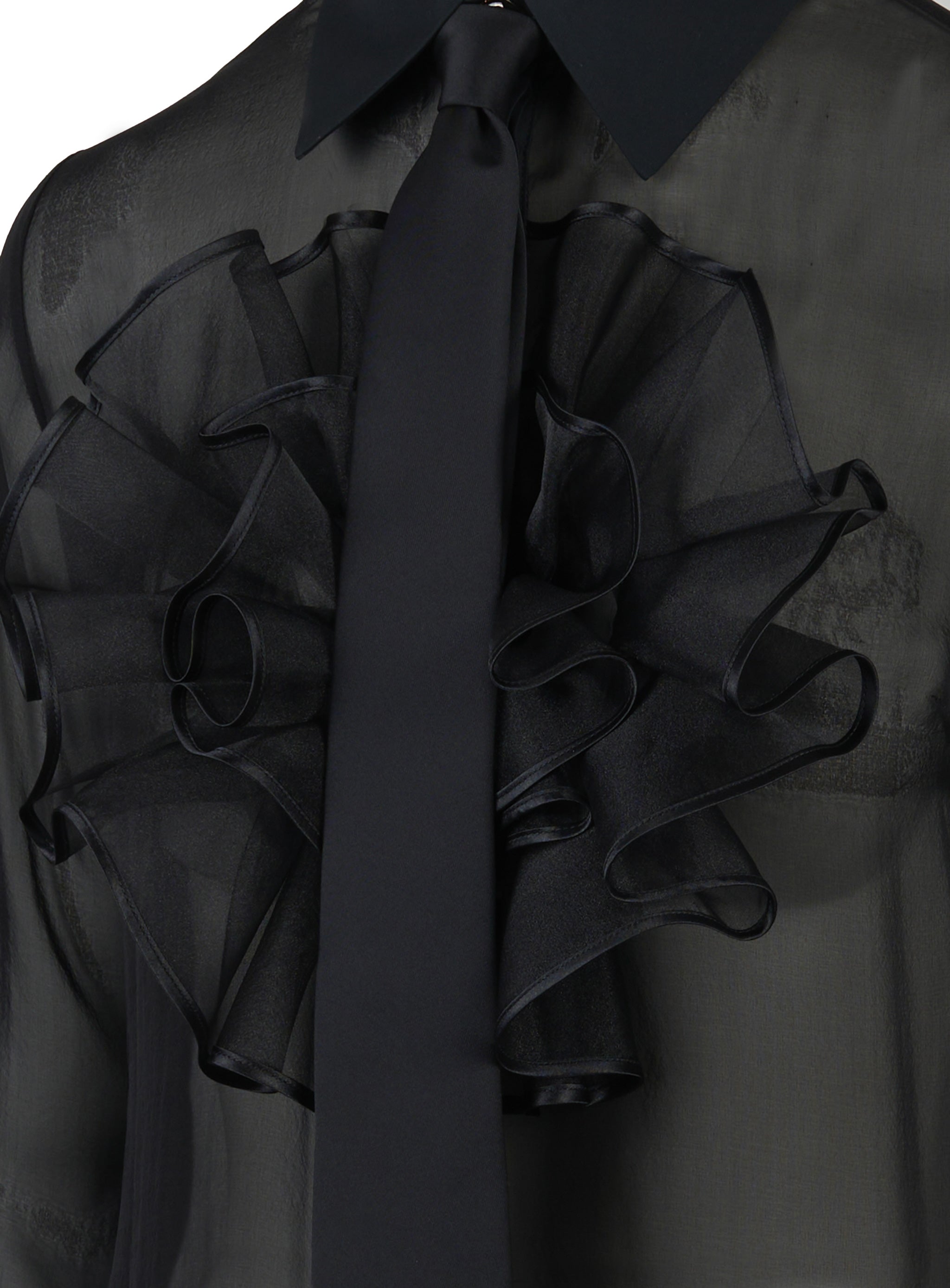 Camicia in voile di seta con ruches e cravatta Nero