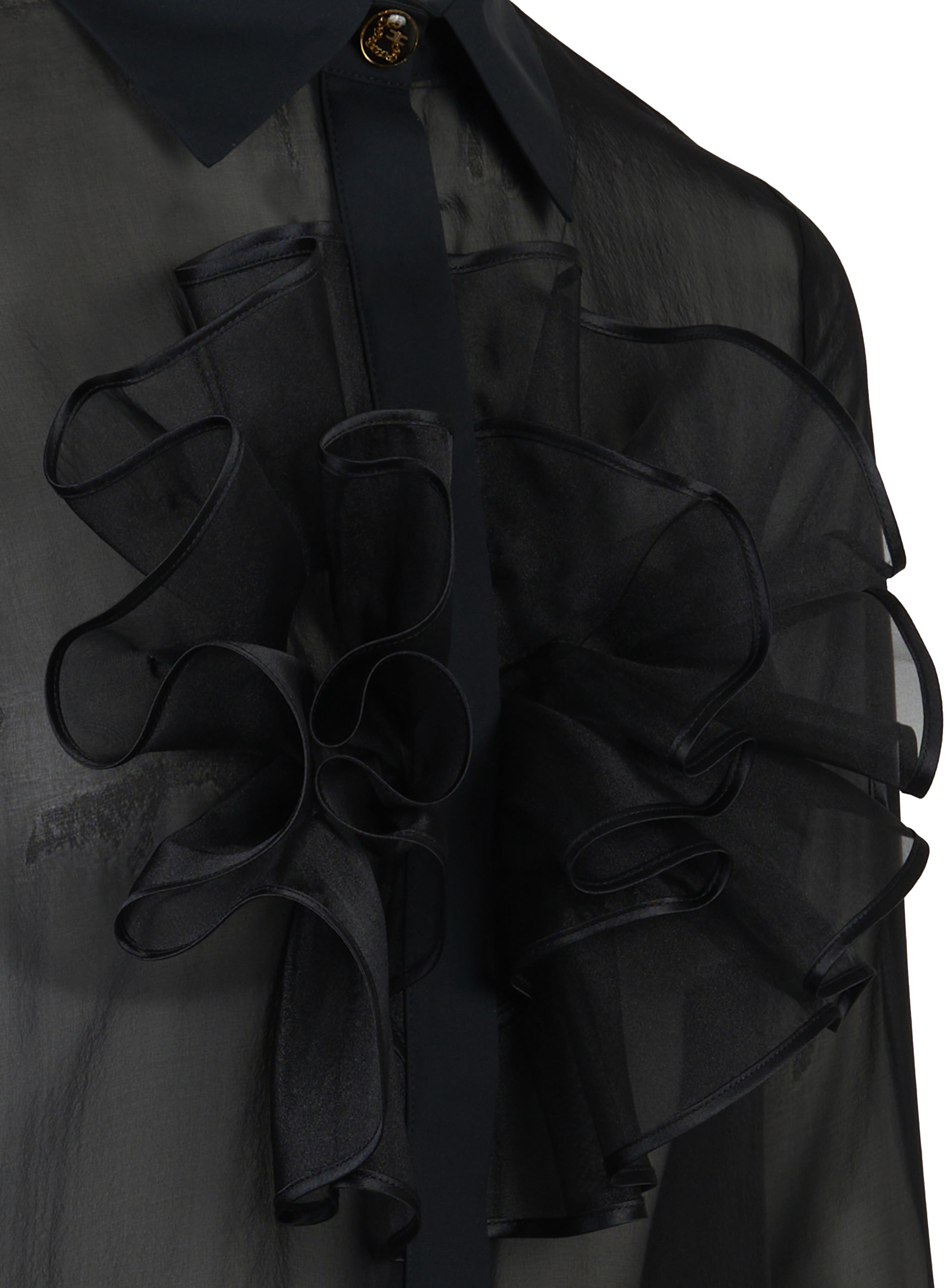 Camicia in voile di seta con ruches e cravatta Nero
