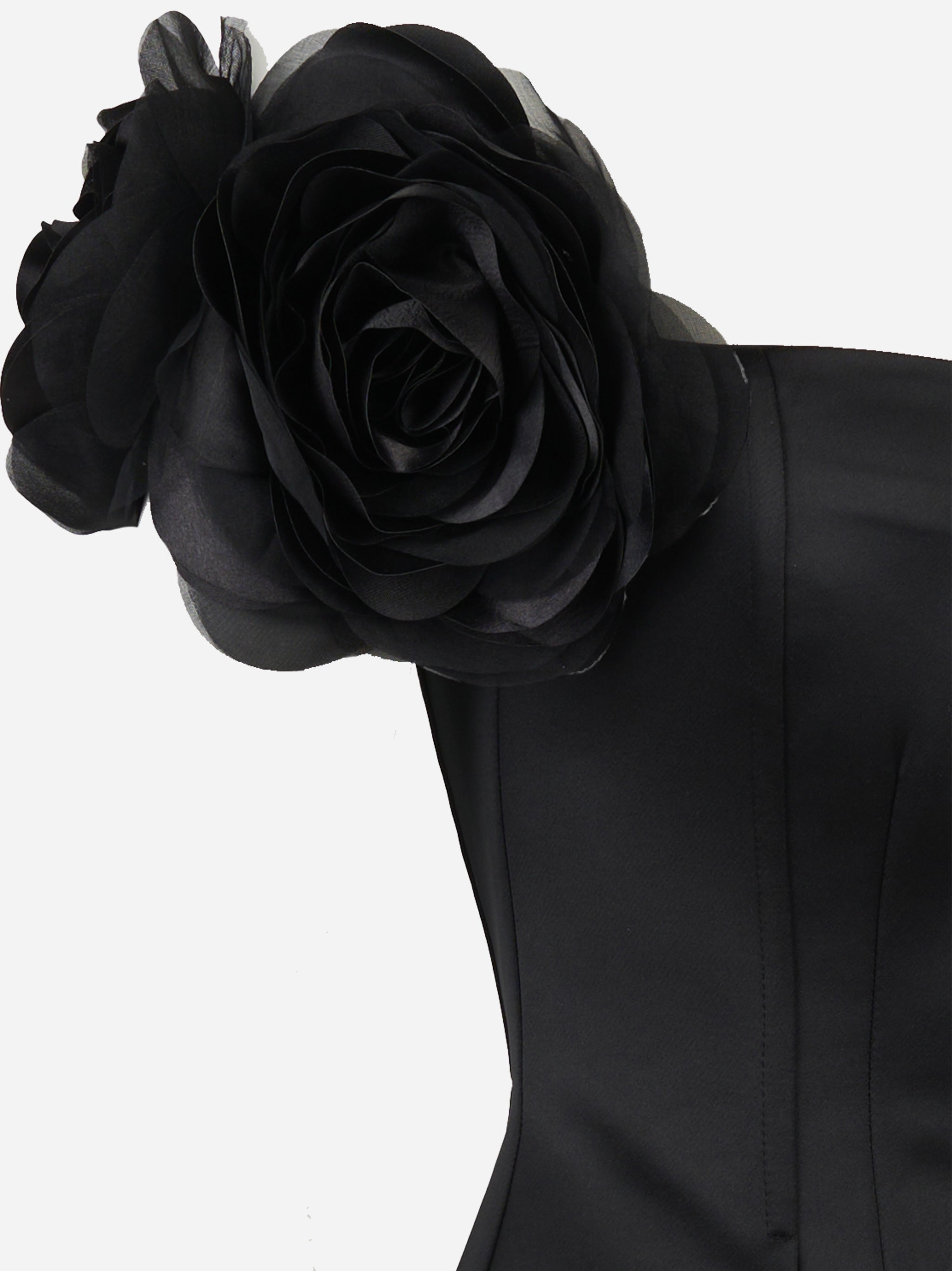 Abito in duchesse con fiori applicati Nero