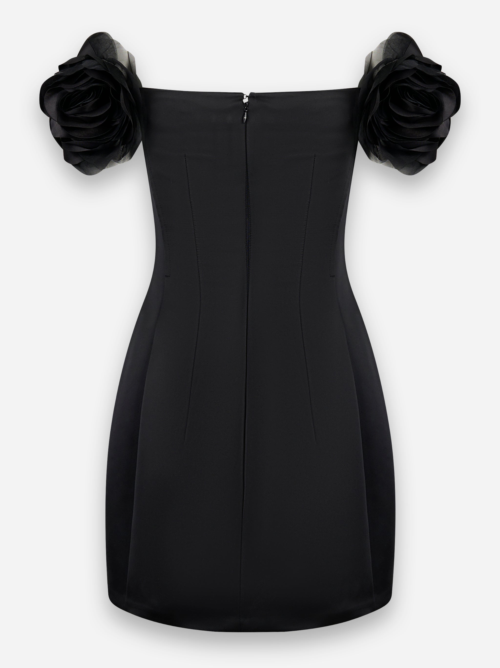 Abito in duchesse con fiori applicati Nero
