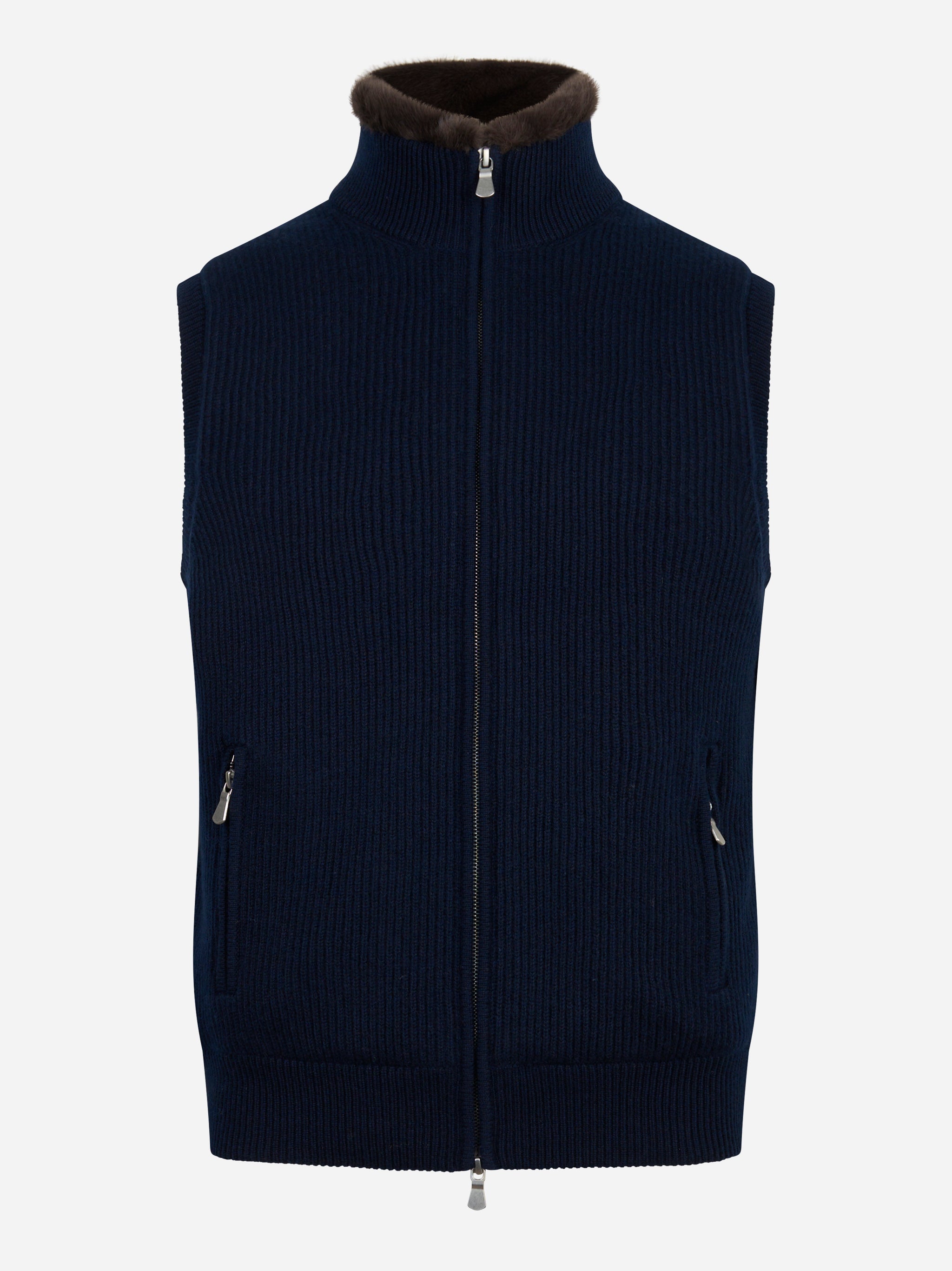 Gilet in cashmere con interno in ecofur blu