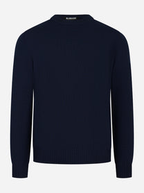 Maglia girocollo blu in lana merinos finezza 7