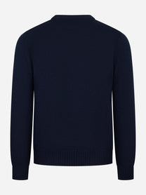 Maglia girocollo blu in lana merinos finezza 7