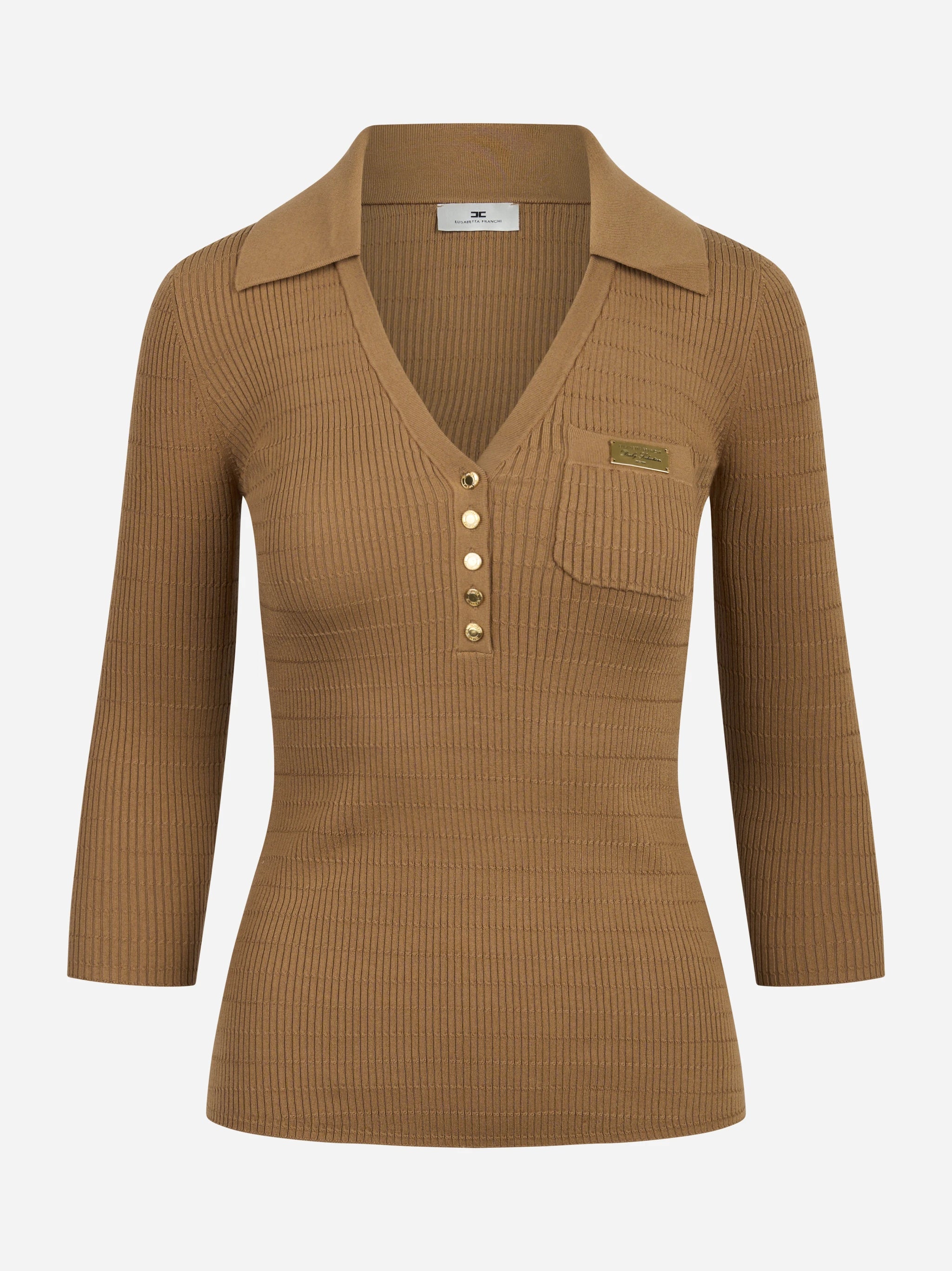 Polo beige in maglia a micro trecce
