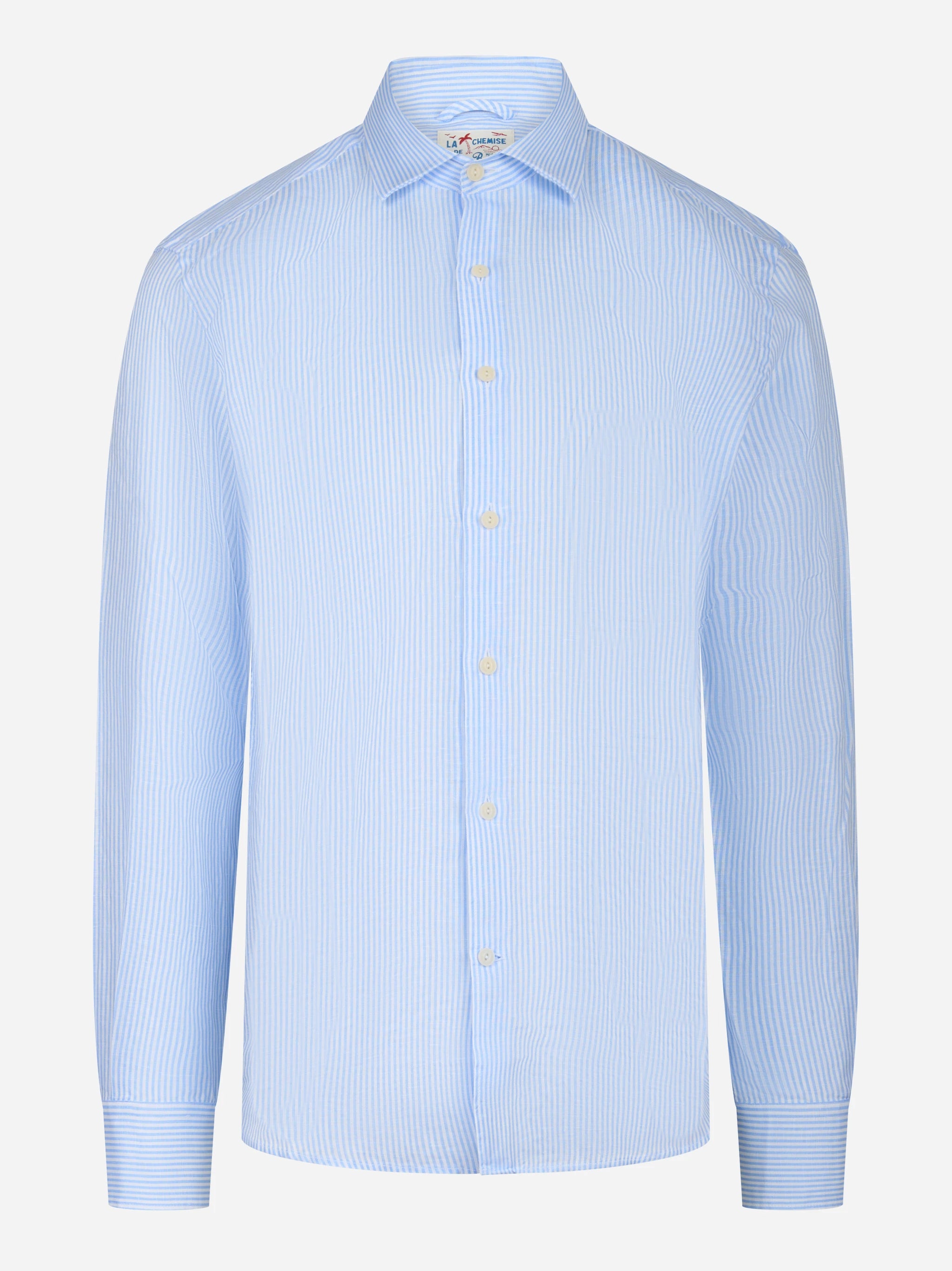 Camicia manica lunga Pamplona in lino con motivo a righe celeste