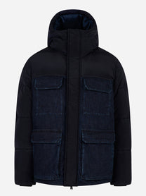Piumino con cappuccio con inserto in denim Blu