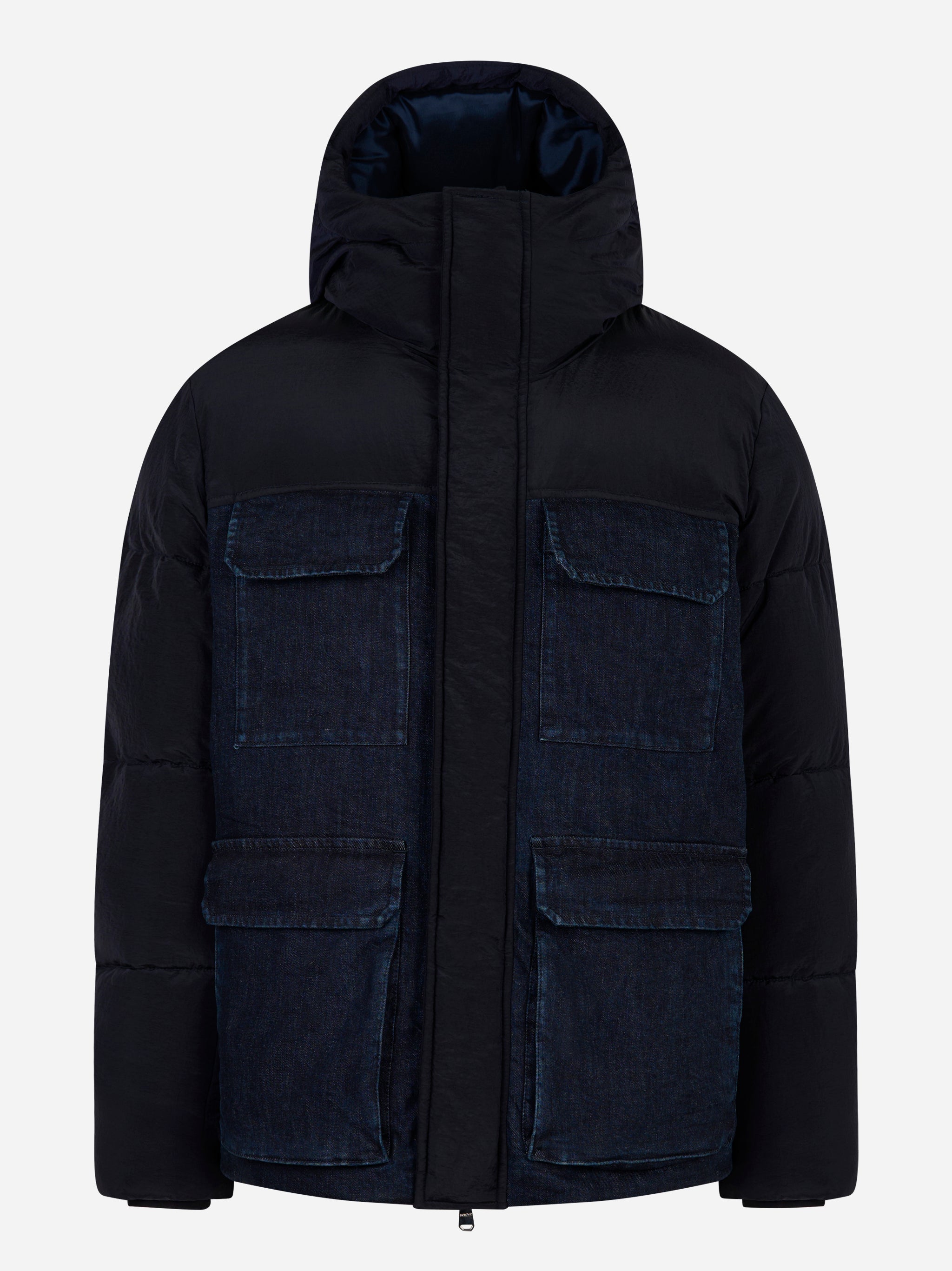 Piumino con cappuccio con inserto in denim Blu