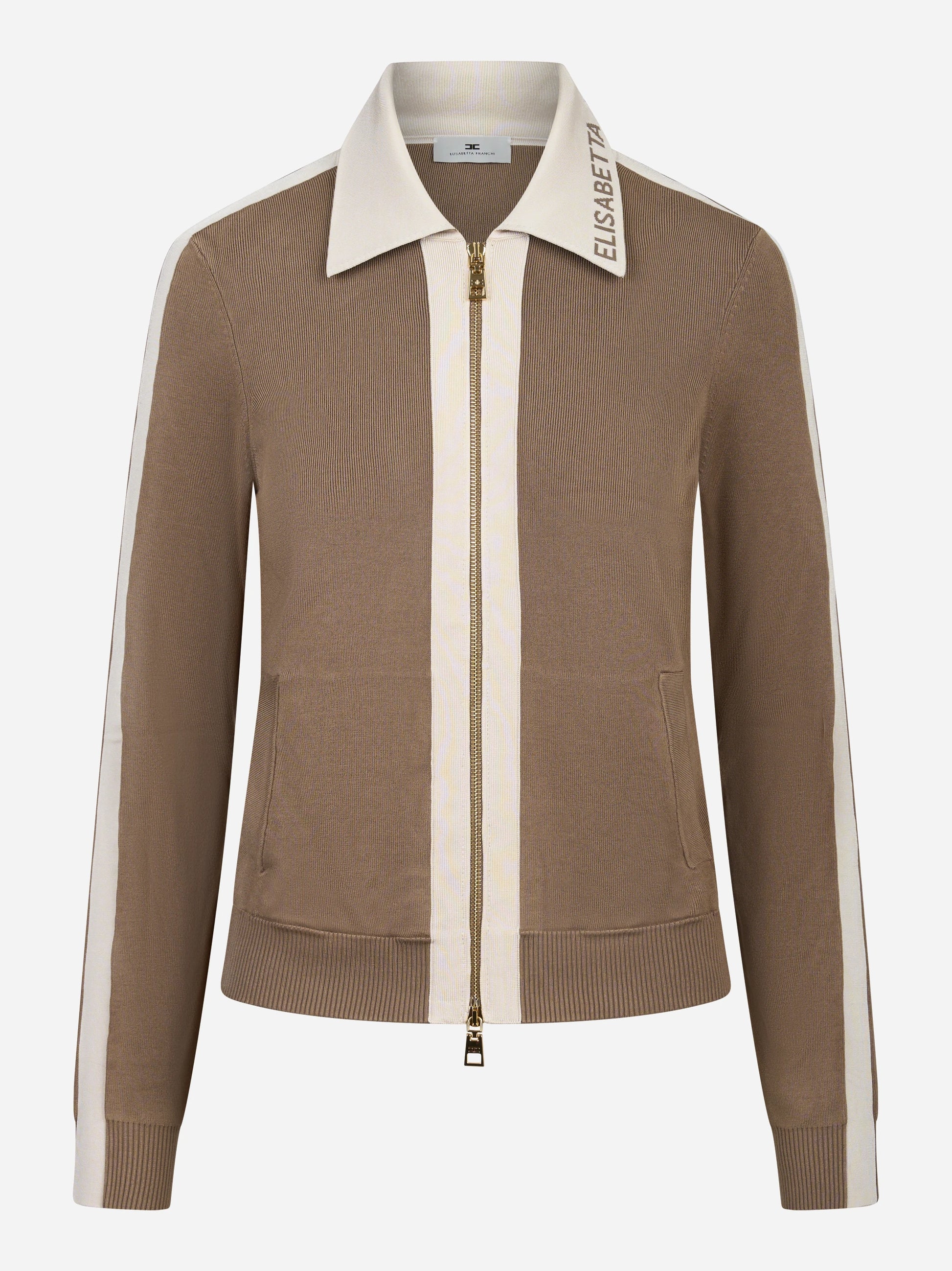 Giacca in maglia beige con bande in viscosa lucida