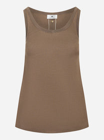 Top in maglia beige con bande in viscosa lucida