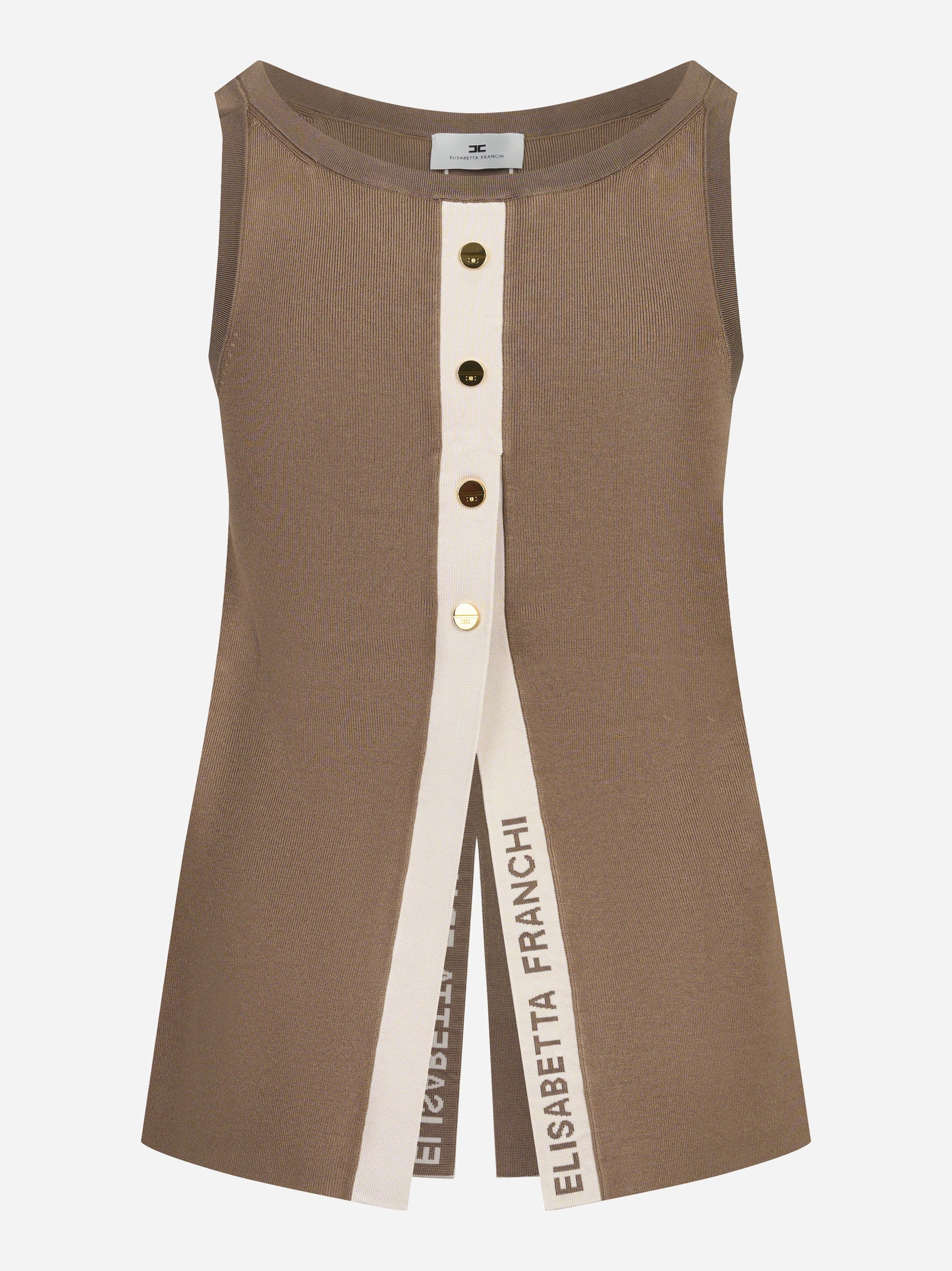 Top in maglia beige con bande in viscosa lucida