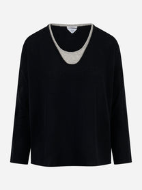 Maglia scollo V bicolore in cashmere Nero