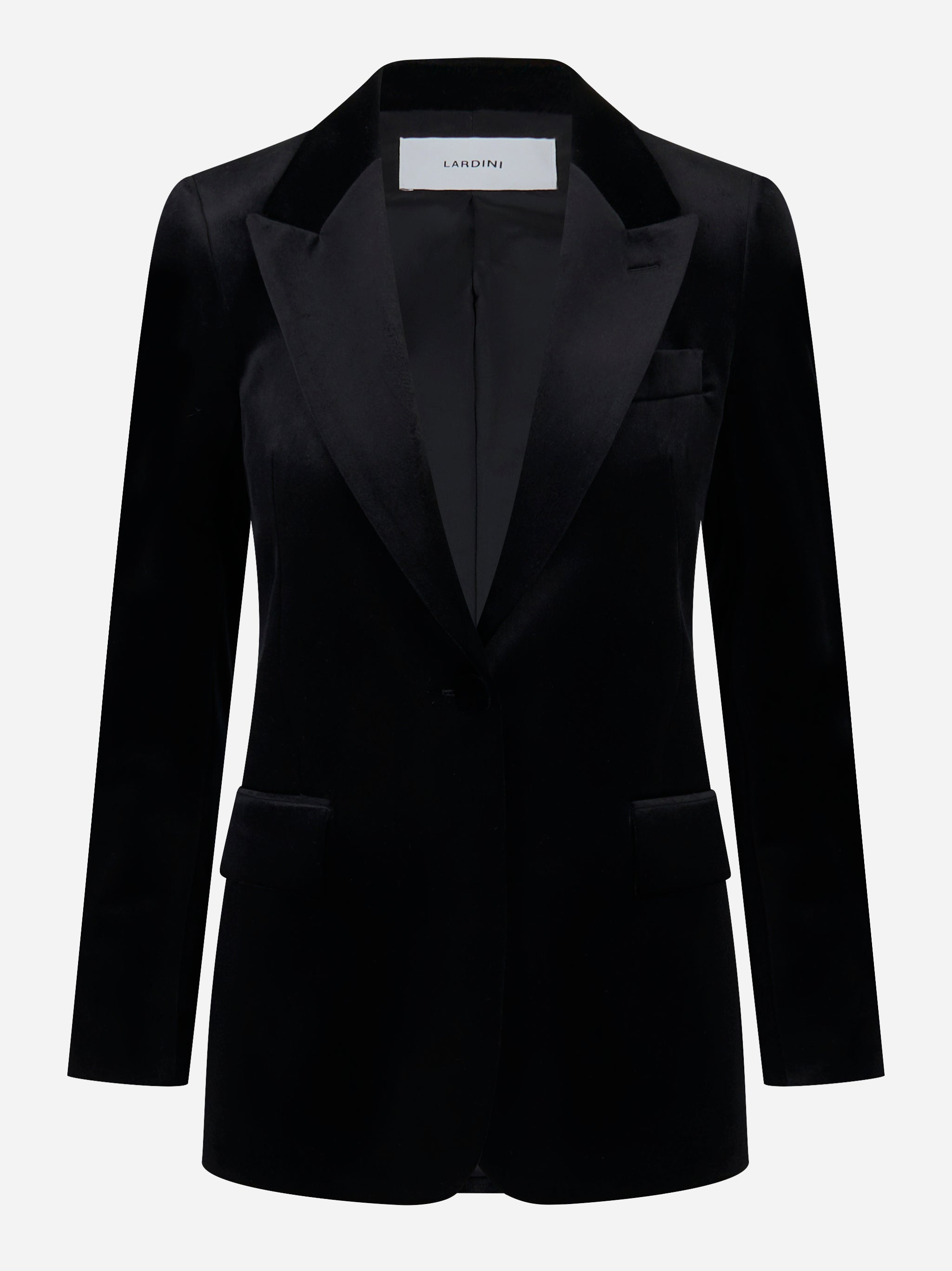 Blazer nero con rever a lancia in velluto liscio