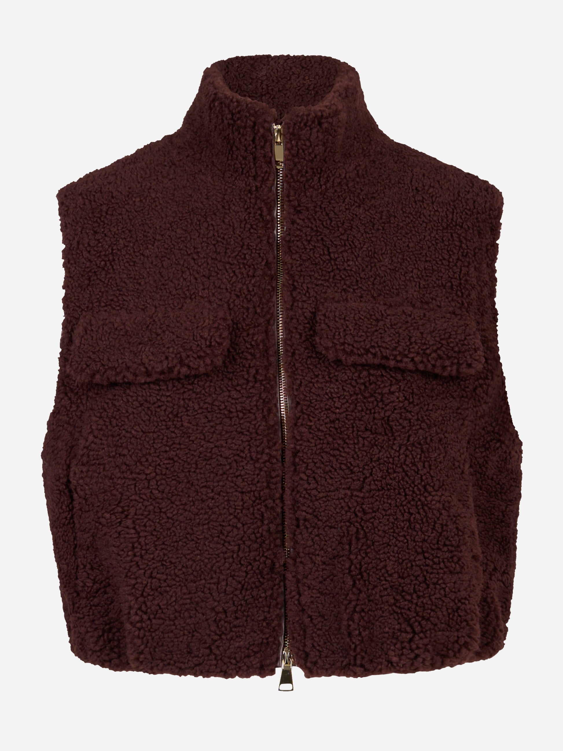 Gilet corto bordeaux con zip centrale in teddy