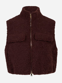 Gilet corto bordeaux con zip centrale in teddy