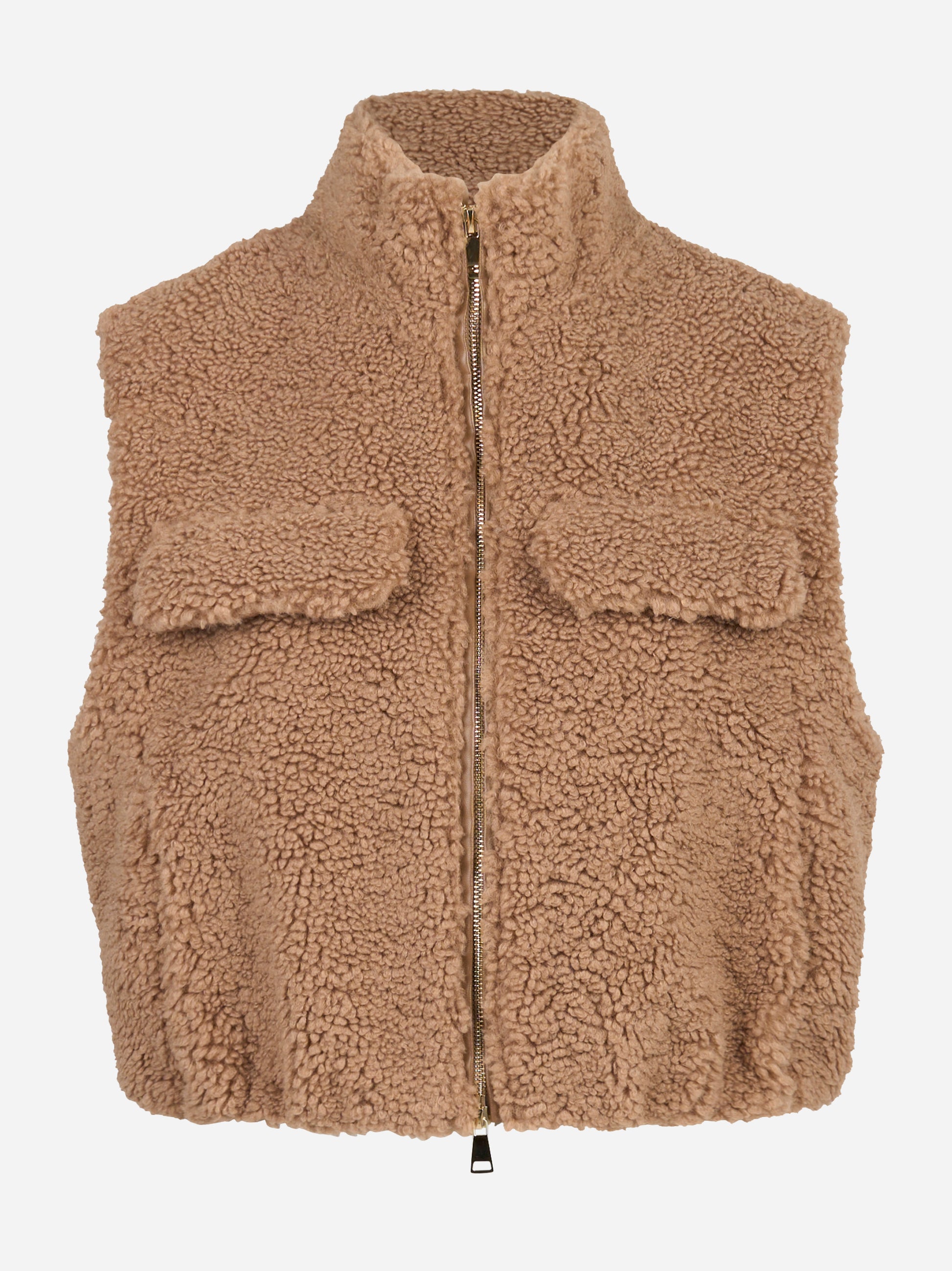 Gilet corto beige con zip centrale in teddy