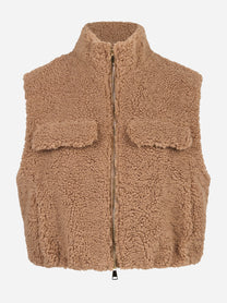 Gilet corto beige con zip centrale in teddy