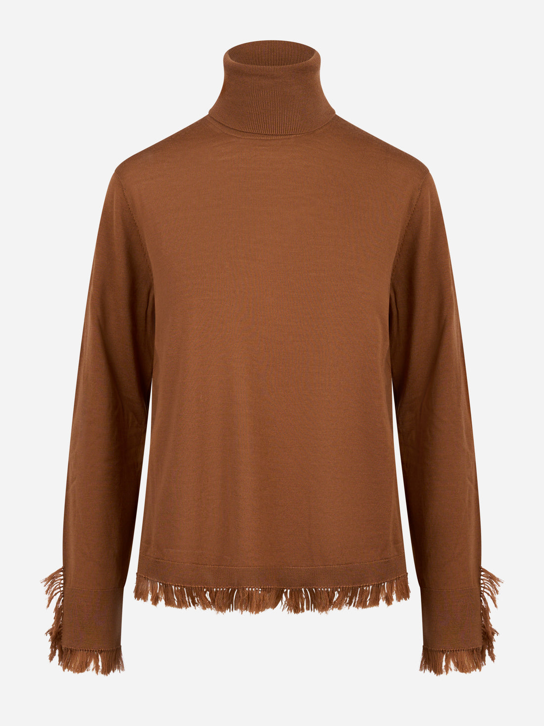 Dolcevita in lana merinos marrone con frange