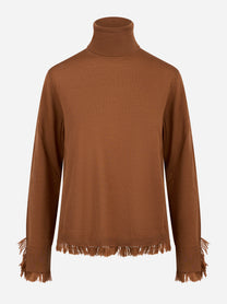 Dolcevita in lana merinos marrone con frange