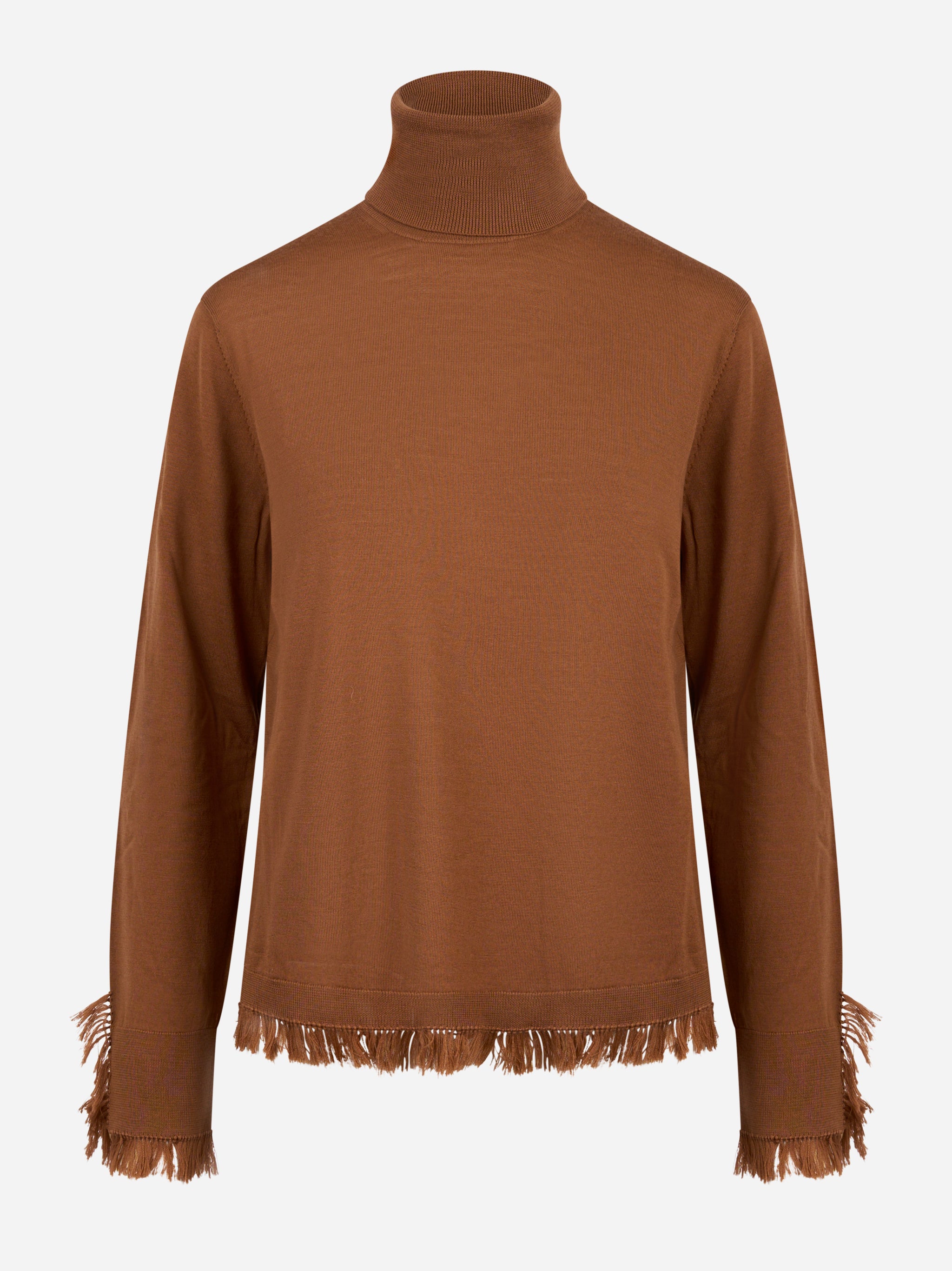 Dolcevita in lana merinos marrone con frange