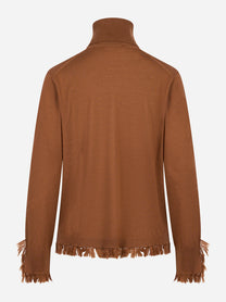 Dolcevita in lana merinos marrone con frange