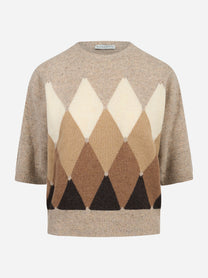 Maglia manica corta in lana con motivo diamond beige