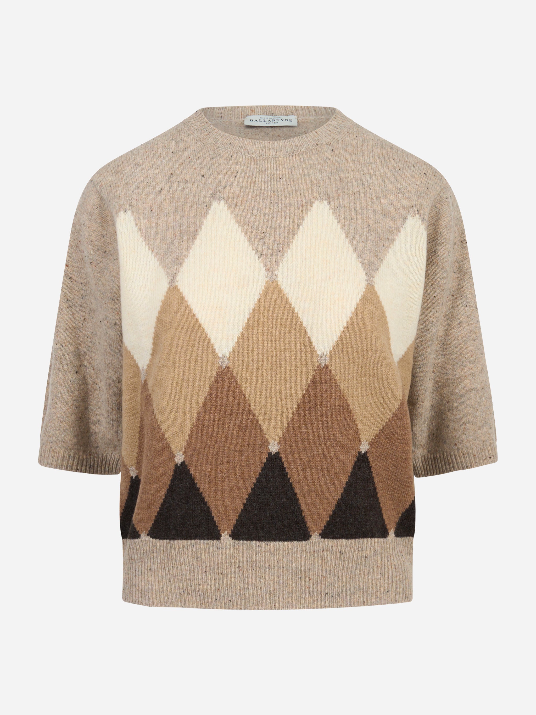 Maglia manica corta in lana con motivo diamond beige