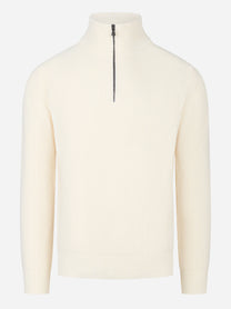 Maglia mezza zip in lana a coste Bianca