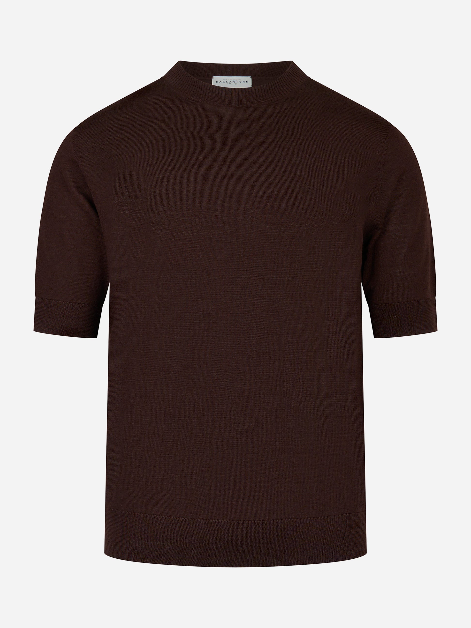 Maglia girocollo manica corta in lana finezza 16 Marrone