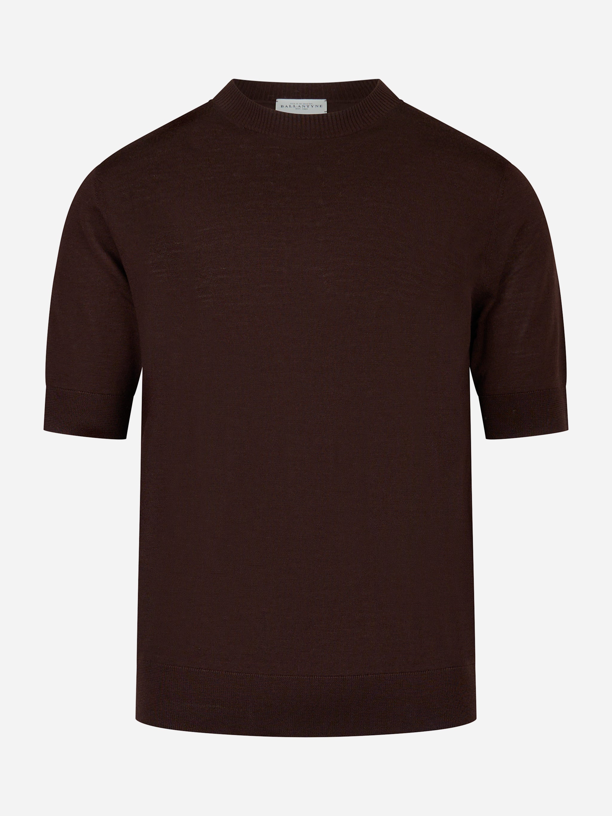 Maglia girocollo manica corta in lana finezza 16 Marrone