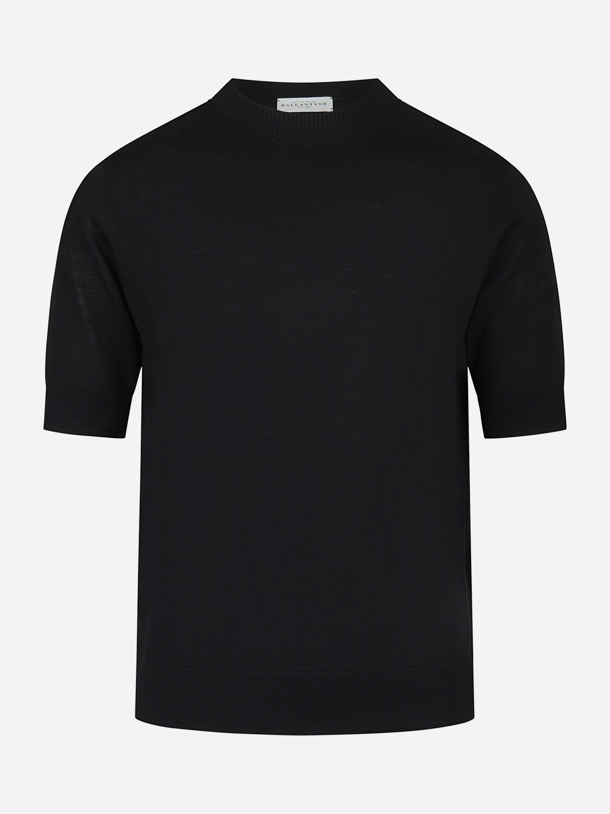 Maglia girocollo manica corta in lana finezza 16 Nera