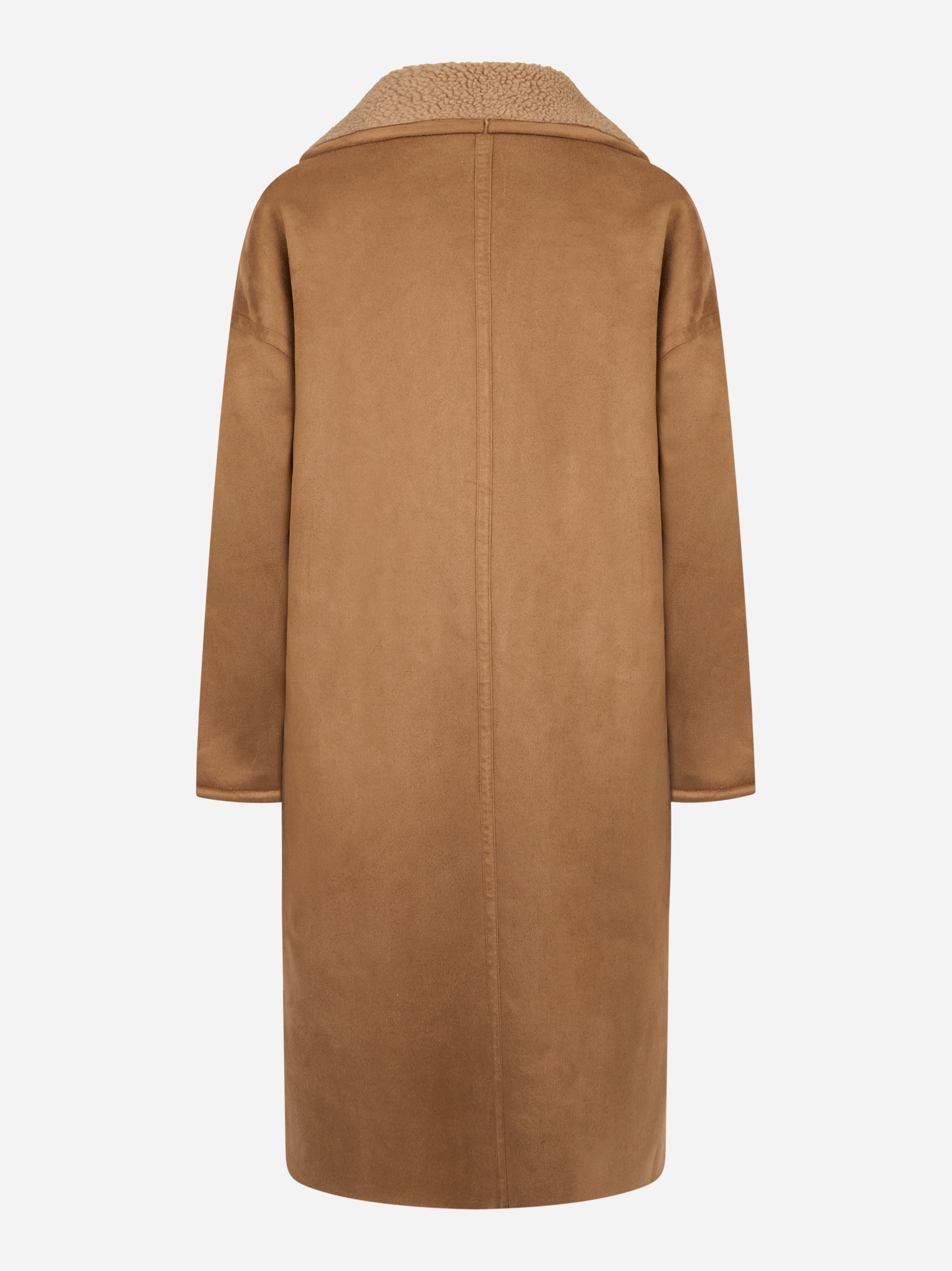 Cappotto beige con collo sciallato in eco shearling