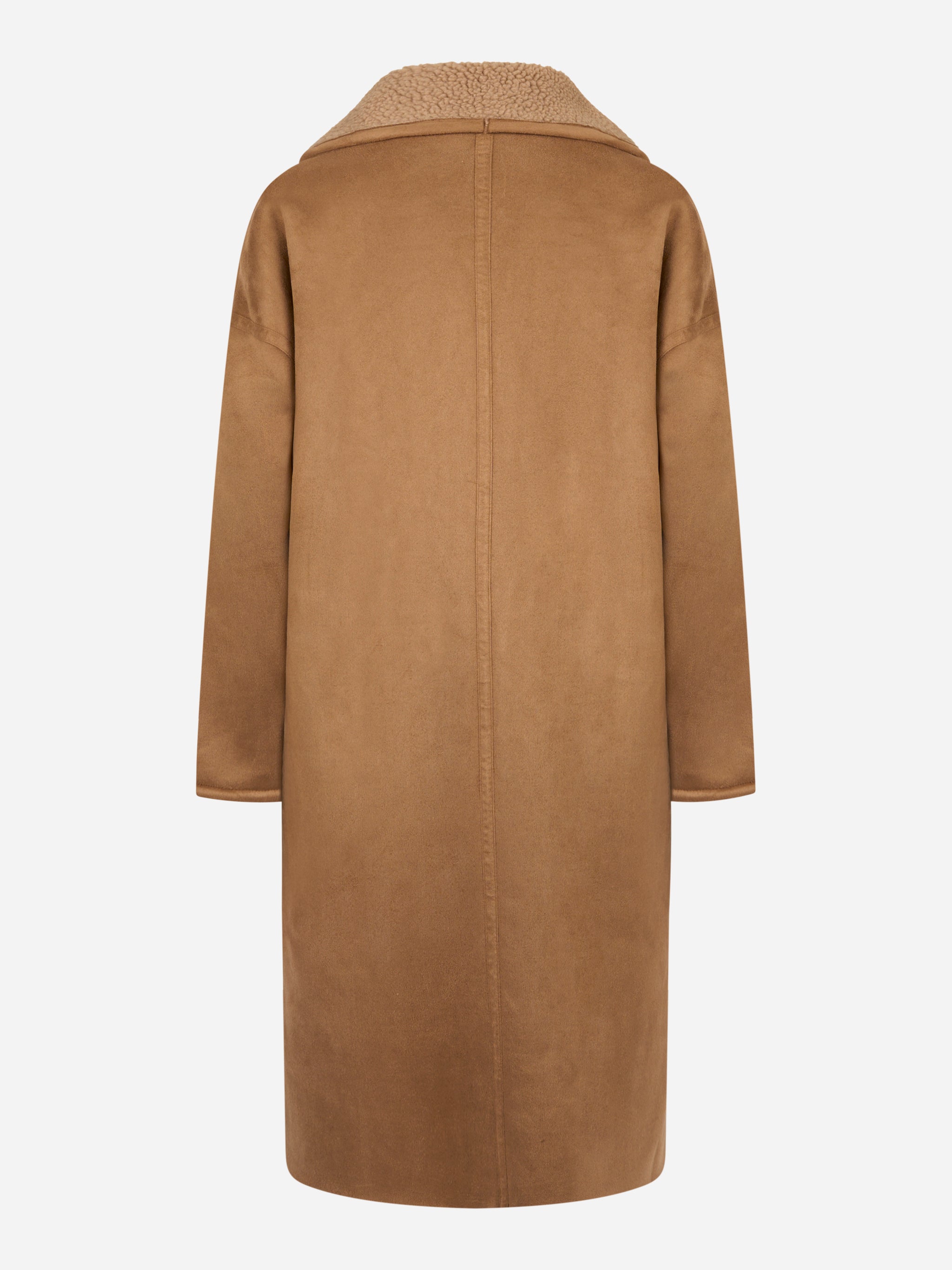 Cappotto beige con collo sciallato in eco shearling