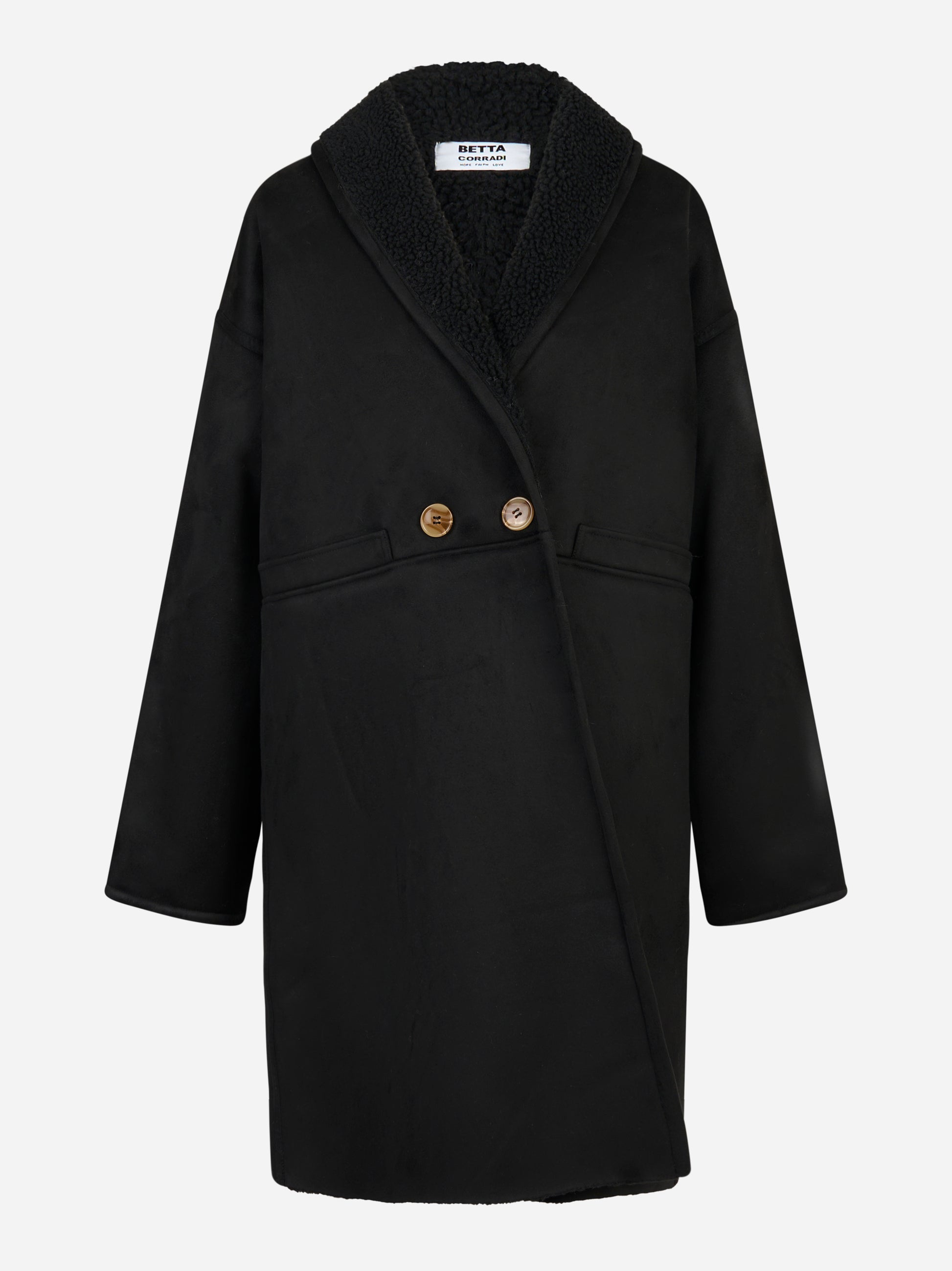 Cappotto nero con collo sciallato in eco shearling