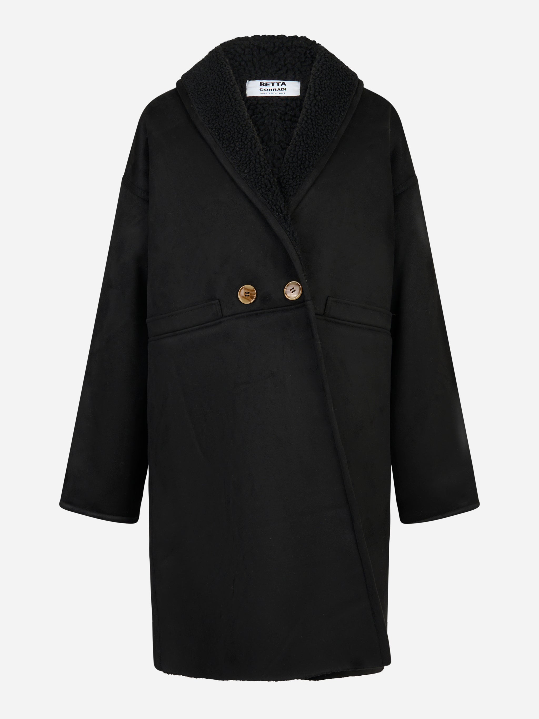 Cappotto nero con collo sciallato in eco shearling