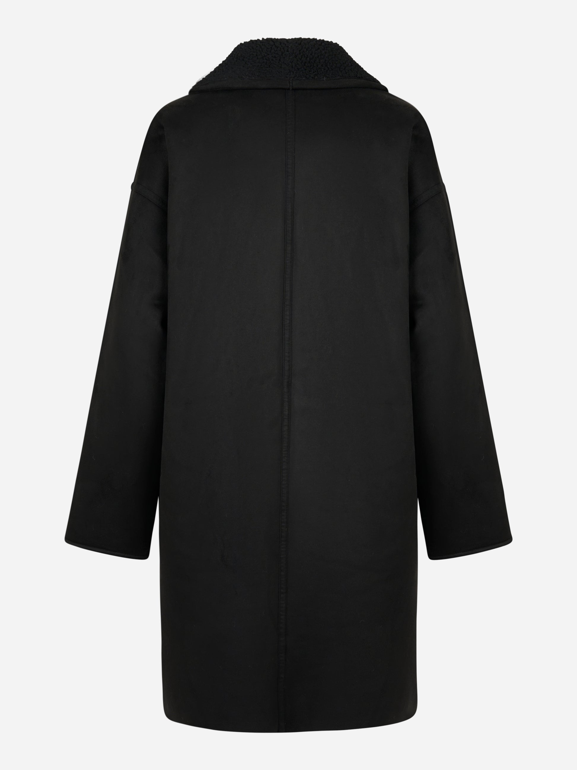 Cappotto nero con collo sciallato in eco shearling